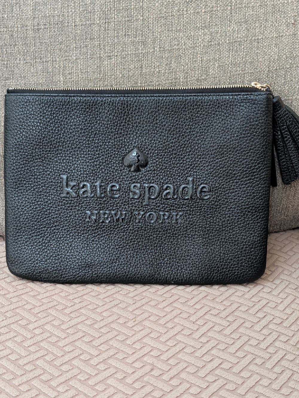 Kate Spade Larchmont Avenue Black Pebbled Leather Tassel Logo Clutch